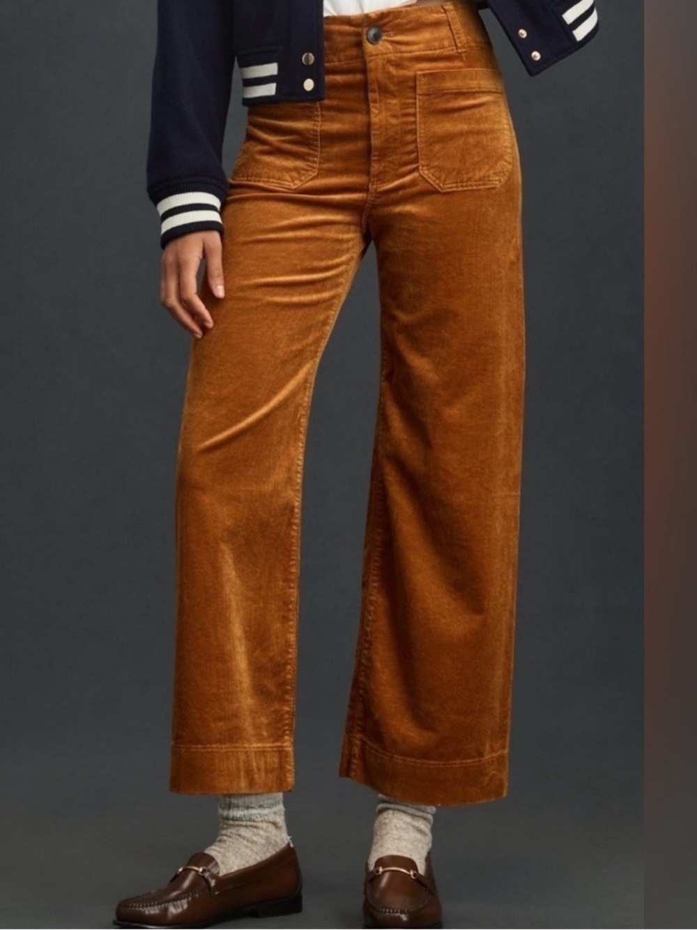 Maeve The Colette Wide-Leg Cropped Corduroy Pants in Caramel.